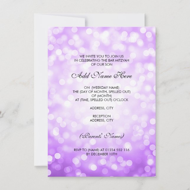 Bar Mitzvah Purple Glitter Lights Invitation (Front)
