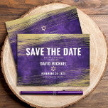 Bar Mitzvah Purple Watercolor Gold Foil Modern Save The Date<br><div class="desc">Make sure all your friends and relatives will be able to celebrate your son’s milestone Bar Mitzvah! Send out this cool, unique, modern, personalised “Save the Date” announcement card. Metallic gold foil brush strokes and Star of David, along with bold, white typography, overlay a rich, dark purple ombre watercolor background....</div>