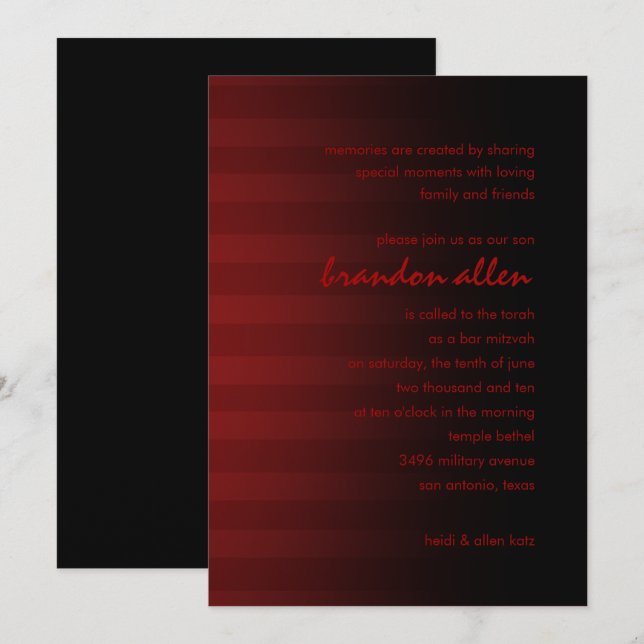 Bar Mitzvah Red and Black Horizontal Stripes Invitation (Front/Back)