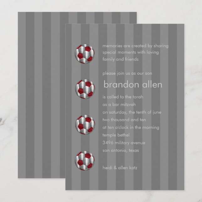 Bar Mitzvah Red and Silver Soccer Ball Invitation (Front/Back)