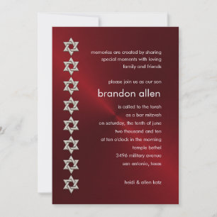 Bar Mitzvah Red Sheen Silver Stars of David Invitation