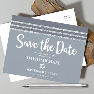 Bar Mitzvah Save Date Grey Silver Tallit Script  Invitation Postcard