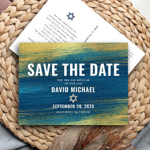 Bar Mitzvah Save Date Modern Turquoise Gold Foil  Invitation Postcard