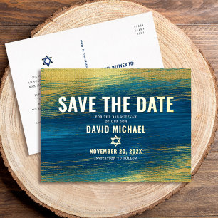 Bar Mitzvah Save Date Modern Turquoise Real Gold Foil Invitation Postcard