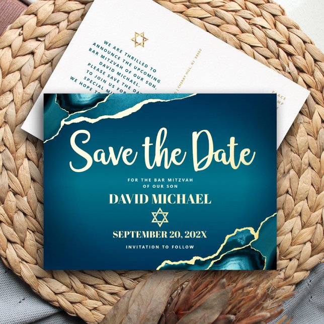 Bar Mitzvah Save Date Teal Ombre Agate Real Gold Foil Invitation Postcard (Creator Uploaded)