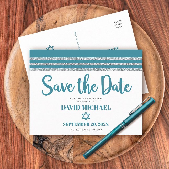 Bar Mitzvah Save Date Teal Silver Tallit Script Invitation Postcard (Creator Uploaded)