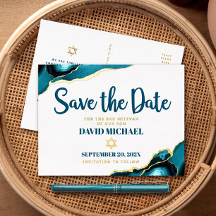 Bar Mitzvah Save Date Turquoise Agate Real Gold Foil Invitation Postcard