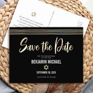 Bar Mitzvah Save the Date Black Gold Foil Script Invitation Postcard