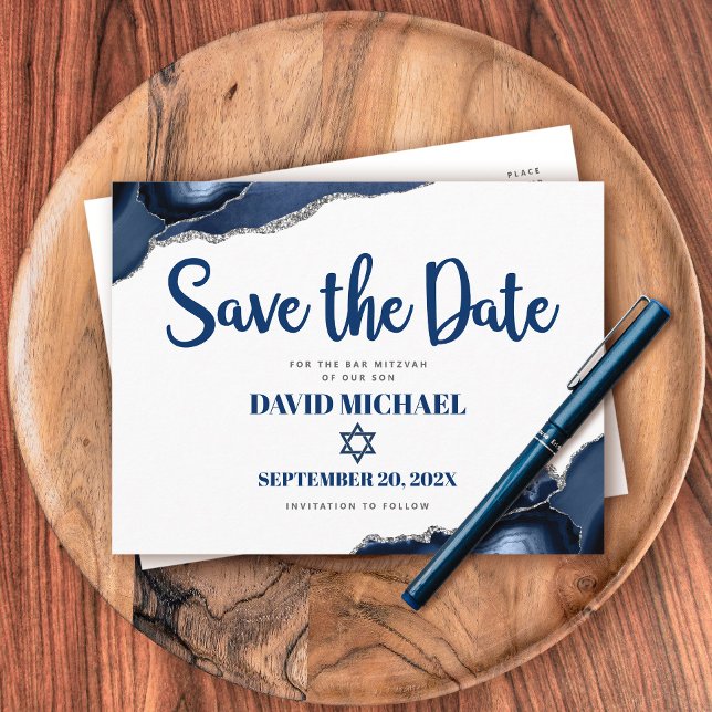 Bar Mitzvah Save the Date Navy Blue Agate Script Invitation Postcard (Creator Uploaded)