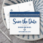 Bar Mitzvah Save the Date Navy Blue Tallit Script  Invitation Postcard<br><div class="desc">Make sure all your friends and relatives will be able to celebrate your son’s milestone Bar Mitzvah! Send out this cool, unique, modern, personalised “Save the Date” announcement postcard. Bold, navy blue script typography, Star of David and a navy blue and silver glitter striped tallit inspired graphic overlay a simple,...</div>