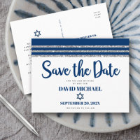 Bar Mitzvah Save the Date Navy Blue Tallit Script 