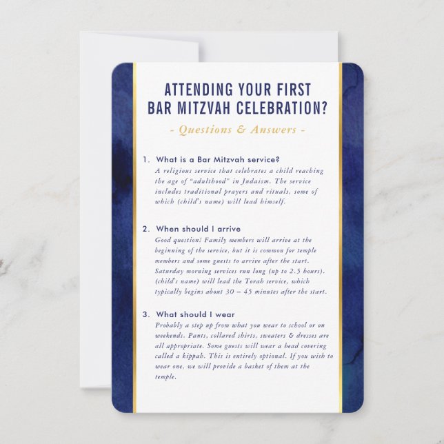 BAR MITZVAH service information advice blue gold  Invitation (Front)