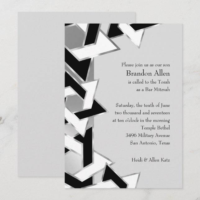 Bar Mitzvah Silver Black White Star of David Invitation (Front/Back)