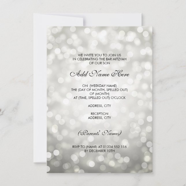 Bar Mitzvah Silver Glitter Lights Invitation (Front)