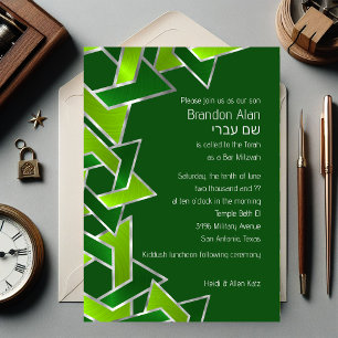 Bar Mitzvah Silver Lime Green Star of David Invitation