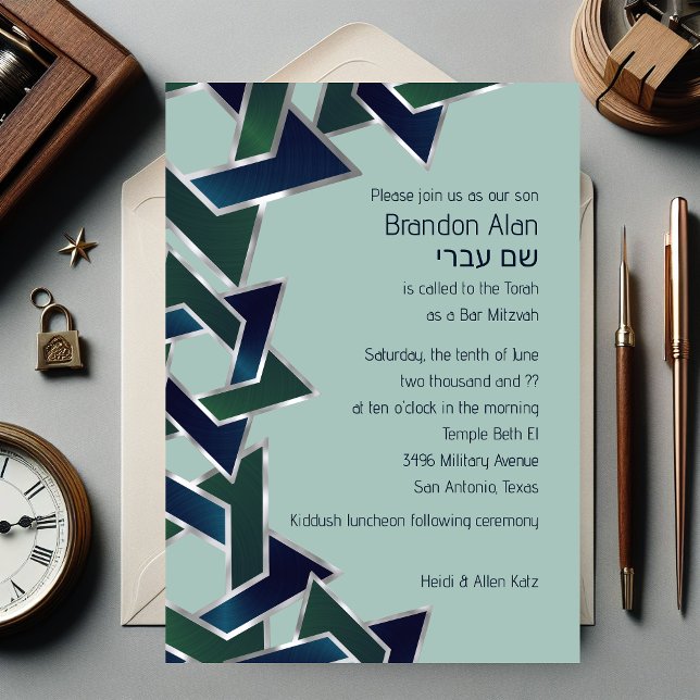 Bar Mitzvah Silver Navy Blue Green Star of David Invitation (Creator Uploaded)
