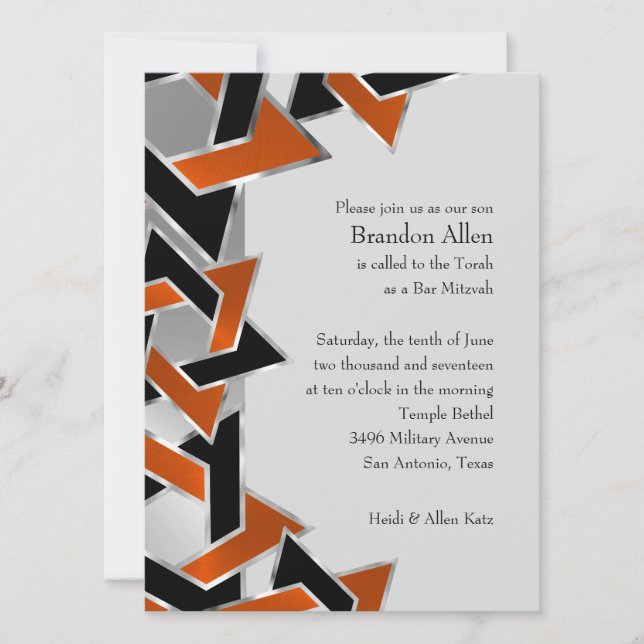 Bar Mitzvah Silver Orange Black Star of David Invitation (Front)