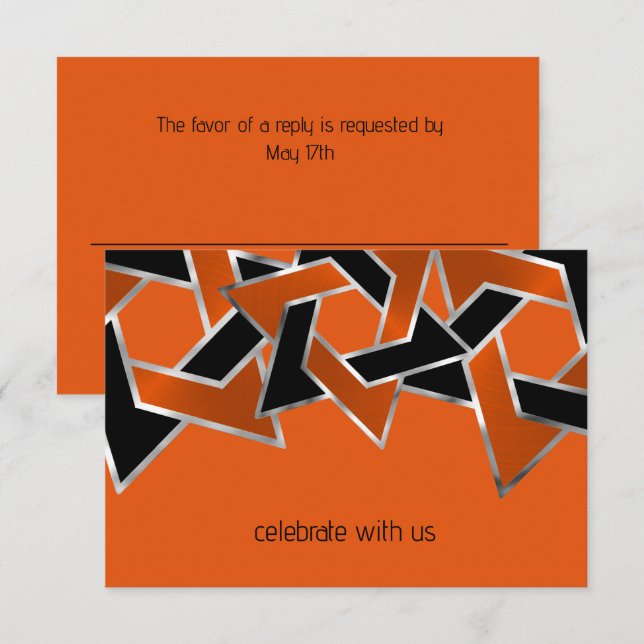 Bar Mitzvah Silver Orange Black Star of David Invitation (Front/Back)