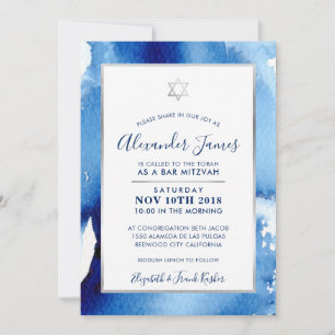 BAR MITZVAH silver star blue watercolor invite