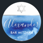 BAR MITZVAH silver star blue watercolor invite Classic Round Sticker<br><div class="desc">by kat massard >>> WWW.SIMPLYSWEETPAPERIE.COM <<<</div>