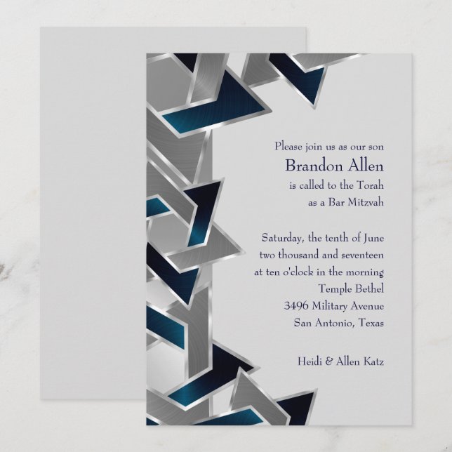 Bar Mitzvah Silver Teal Blue Grey Star of David Invitation (Front/Back)