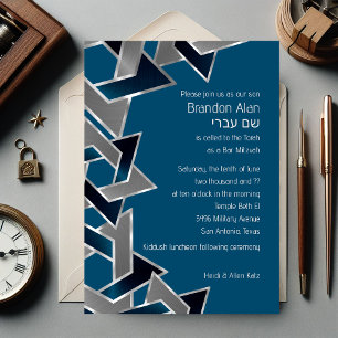 Bar Mitzvah Silver Teal Blue Grey Star of David Invitation