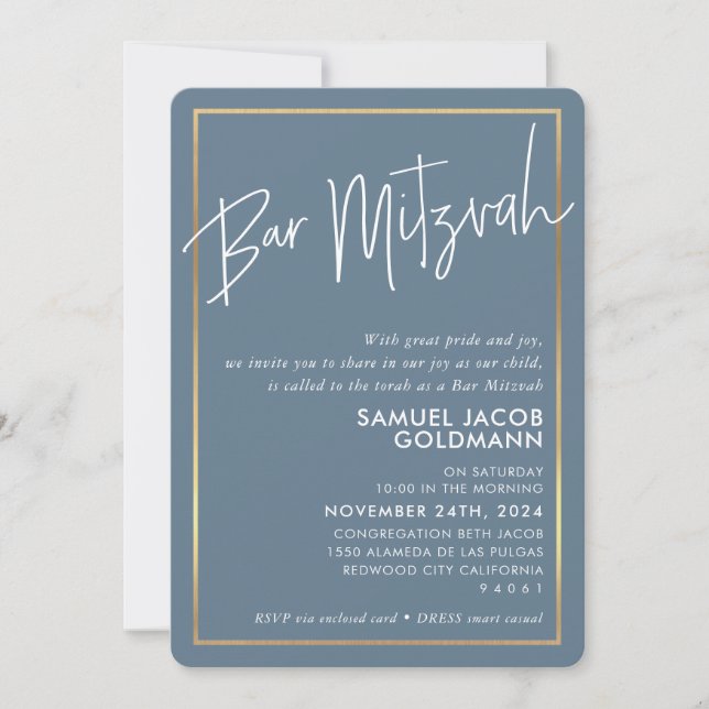 BAR MITZVAH simple minimal modern grey blue frame Invitation (Front)