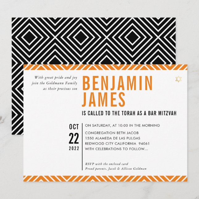 BAR MITZVAH simple modern black orange Invitation (Front/Back)