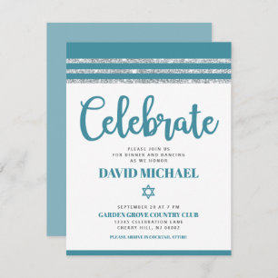 Bar Mitzvah Simple Modern Bold Teal Silver Tallit  Enclosure Card