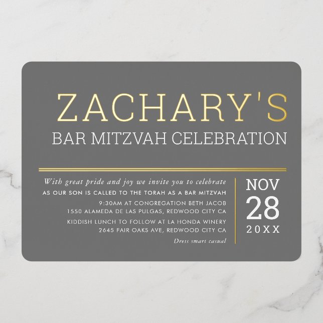 BAR MITZVAH simple modern boy grey gold (Front)