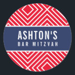 BAR MITZVAH simple modern geometric navy red Classic Round Sticker<br><div class="desc">by kat massard >>> https://linktr.ee/simplysweetpaperie <<<</div>