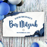 Bar Mitzvah Simple Modern Navy Blue Agate Script Banner<br><div class="desc">Be proud, rejoice and showcase this milestone of your favourite Bar Mitzvah! Hang up this cool, unique, modern, personalised banner to add to his special day. Navy blue script typography and a silver Star of David overlay a simple, white background with steel blue agate rocks accented with faux silver veins....</div>