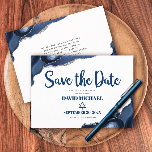 Bar Mitzvah Simple Modern Navy Blue Agate Script  Save The Date (Creator Uploaded)