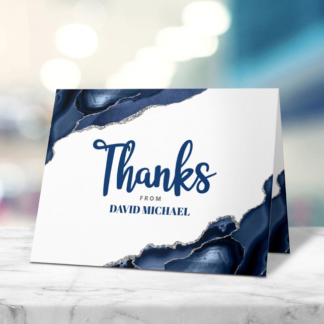 Bar Mitzvah Simple Modern Navy Blue Agate Script  Thank You Card (Creator Uploaded)