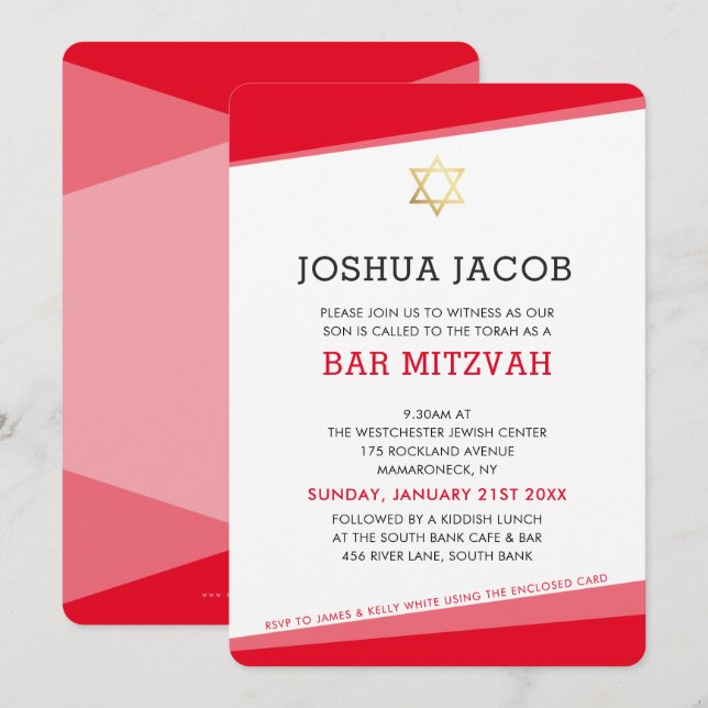 BAR MITZVAH simple modern red gold star Invitation (Front/Back)