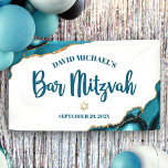 Bar Mitzvah Simple Modern Turquoise Agate Script Banner<br><div class="desc">Be proud, rejoice and showcase this milestone of your favourite Bar Mitzvah! Hang up this cool, unique, modern, personalised banner to add to his special day. Dark teal blue script typography and a faux gold Star of David overlay a simple, clean white background with turquoise blue agate rocks accented with...</div>