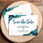 Bar Mitzvah Simple Modern Turquoise Agate Script Save The Date<br><div class="desc">Make sure all your friends and relatives will be able to celebrate your son’s milestone Bar Mitzvah! Send out this cool, unique, modern, personalised “Save the Date” announcement card. Dark teal script typography and a faux gold Star of David overlay a simple, clean white background with turquoise blue agate rocks...</div>