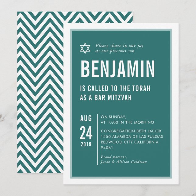 BAR MITZVAH simple modern typography green white Invitation (Front/Back)