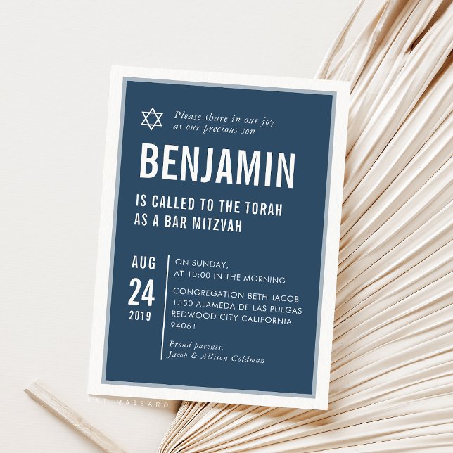 BAR MITZVAH simple modern typography navy white Invitation (Creator Uploaded)