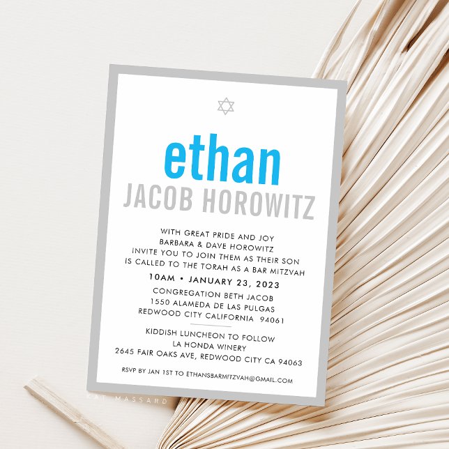 BAR MITZVAH simple star modern name aqua blue grey Invitation (Creator Uploaded)