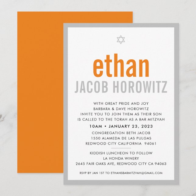 BAR MITZVAH simple star modern name orange grey Invitation (Front/Back)