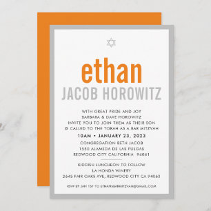 BAR MITZVAH simple star modern name orange grey Invitation
