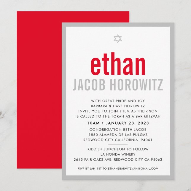 BAR MITZVAH simple star modern name red grey Invitation (Front/Back)