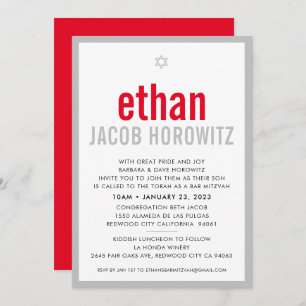BAR MITZVAH simple star modern name red grey Invitation