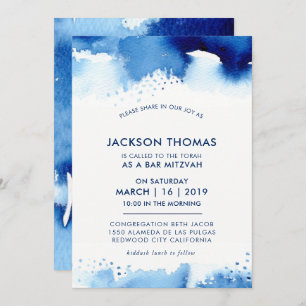 BAR MITZVAH simple stylish blue watercolor invite