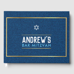 BAR MITZVAH smart bold type gold denim blue aqua Guest Book