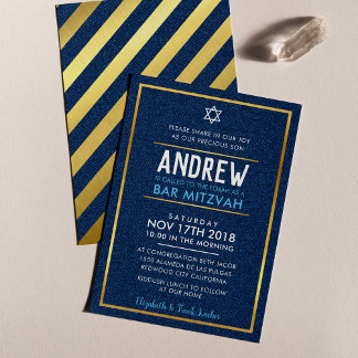 BAR MITZVAH smart bold type gold denim blue aqua Invitation