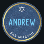 BAR MITZVAH smart bold type gold denim blue Classic Round Sticker<br><div class="desc">by kat massard >>> WWW.SIMPLYSWEETPAPERIE.COM <<<</div>