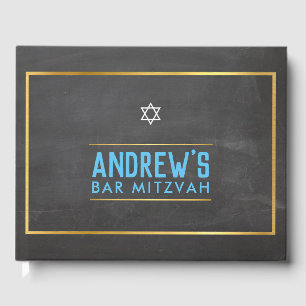 BAR MITZVAH smart bold type gold grey aqua Guest Book