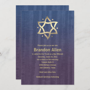 Bar Mitzvah Stained Wood Blue Plum Gold Star Invitation